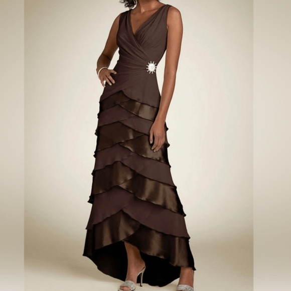 New TADASHI Shoji Dress Tiered Cocktail Formal Chocilate Brown Silk Size… - Picture 1 of 9